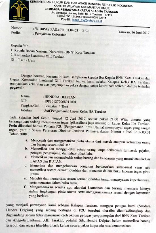 BNN Tangkap Sipir Lapas Tarakan, Kalapas Layangkan Protes