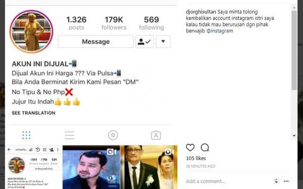 Akun Instagram Istri Dibobol, Sultan Djorghi Ancam Lapor ke Polisi