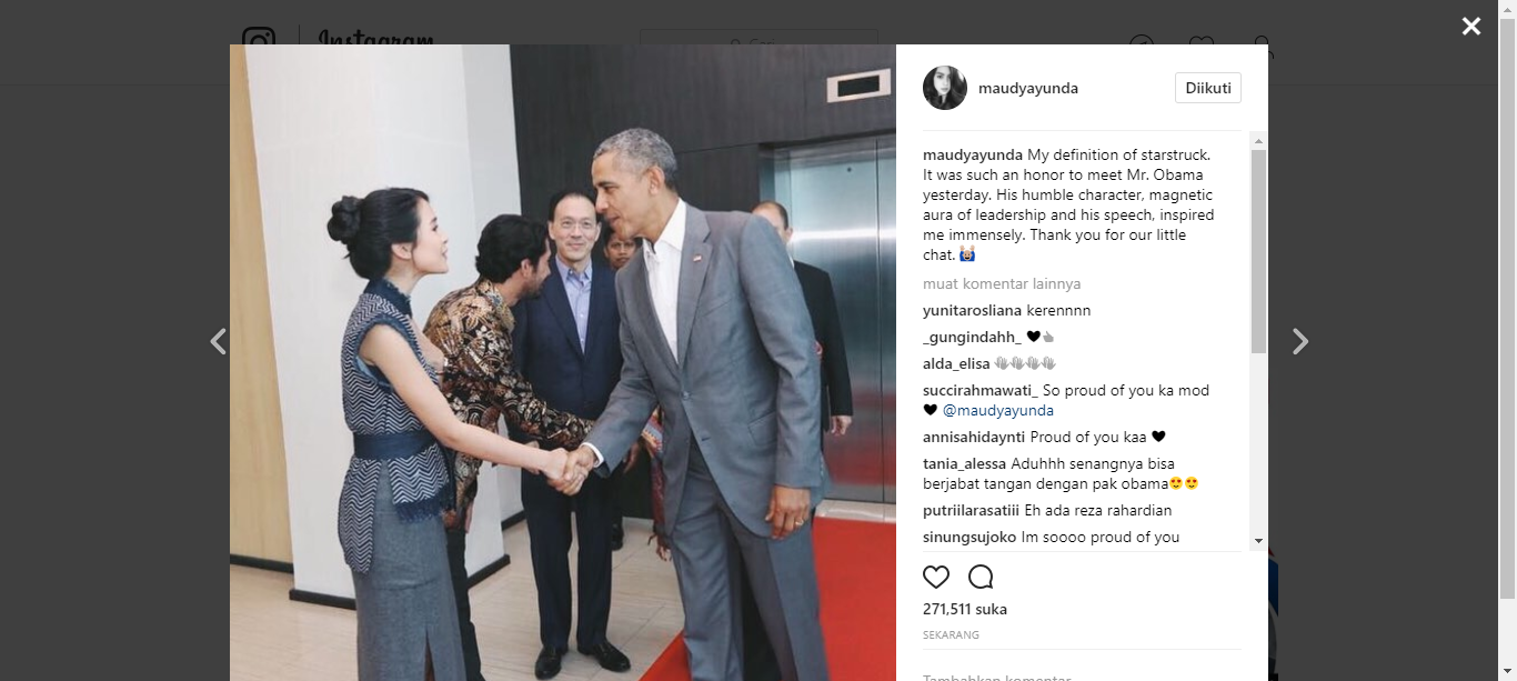 Pamer Foto Bareng Obama, Maudy Ayunda Panen Pujian