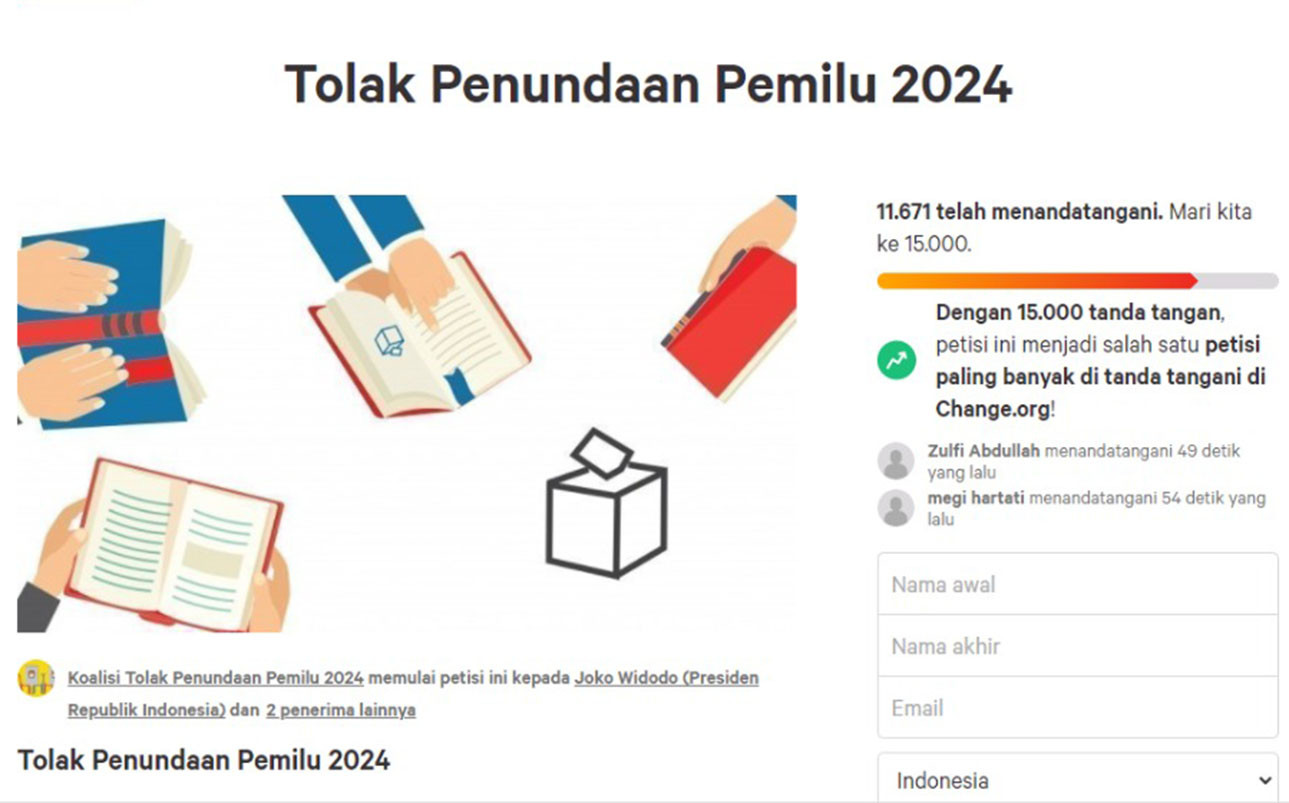 Ajakan tandatangani petisi Tolak Penundaan Pemilu 2024 menjadi trending di Twitter Indonesia. Foto: tangkapan layar laman change.org