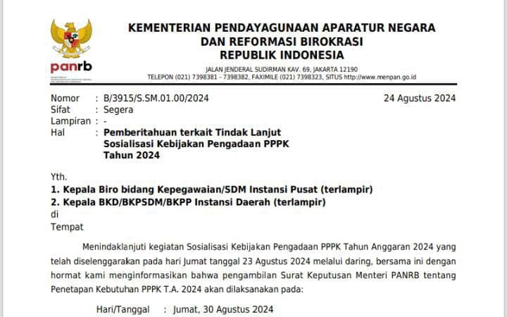 Surat KemenPAN-RB terbaru terkait penyerahan SK MenPANRB tentang tentang Penetapan Kebutuhan PPPK T.A. 2024. Foto tangkapan layar