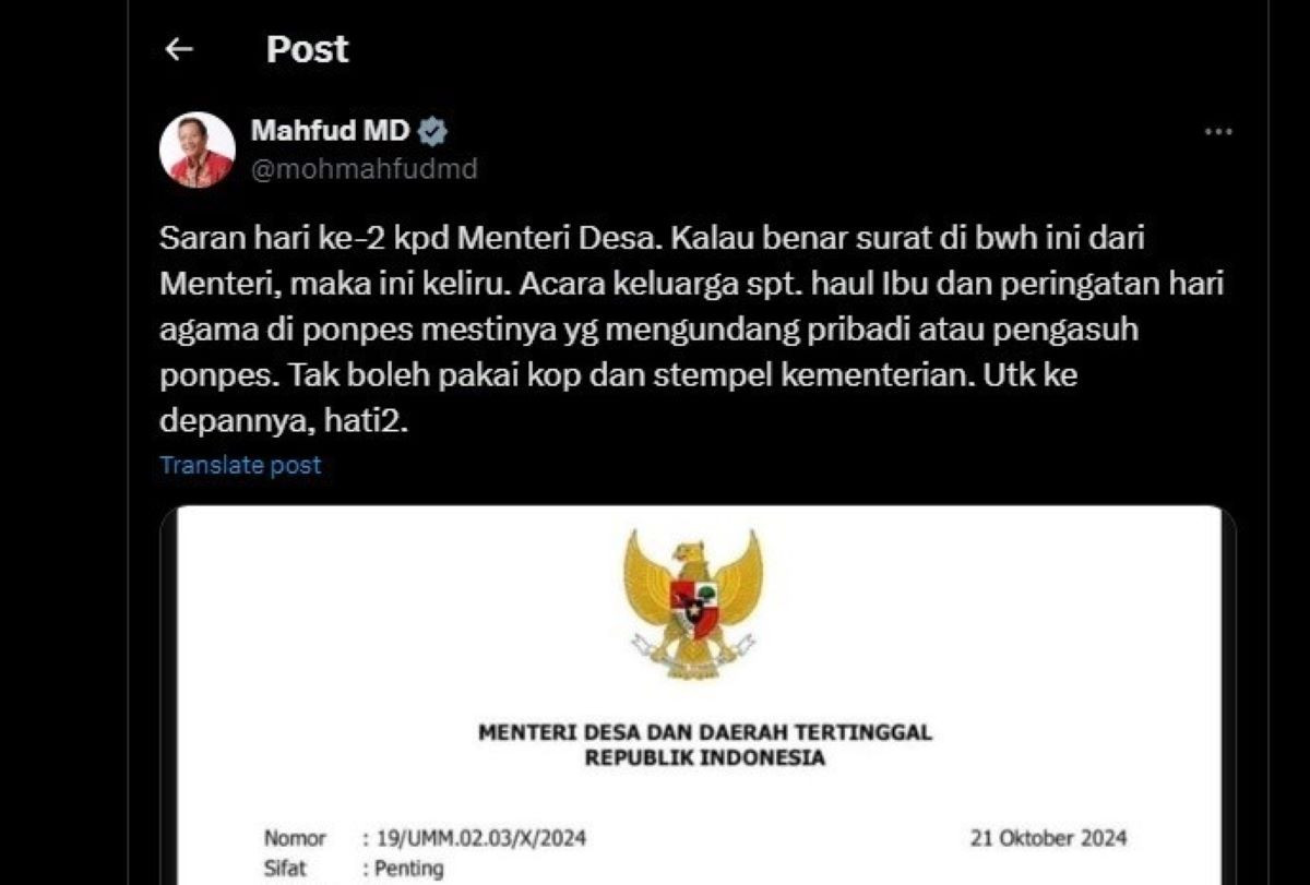 Unggahan Mahfud MD menyentil Menteri Desa dan Daerah Tertinggal Republik Indonesia Yandri Susanto soal penggunaan kop surat menteri. Tangkapan layar X @mohmahfudmd