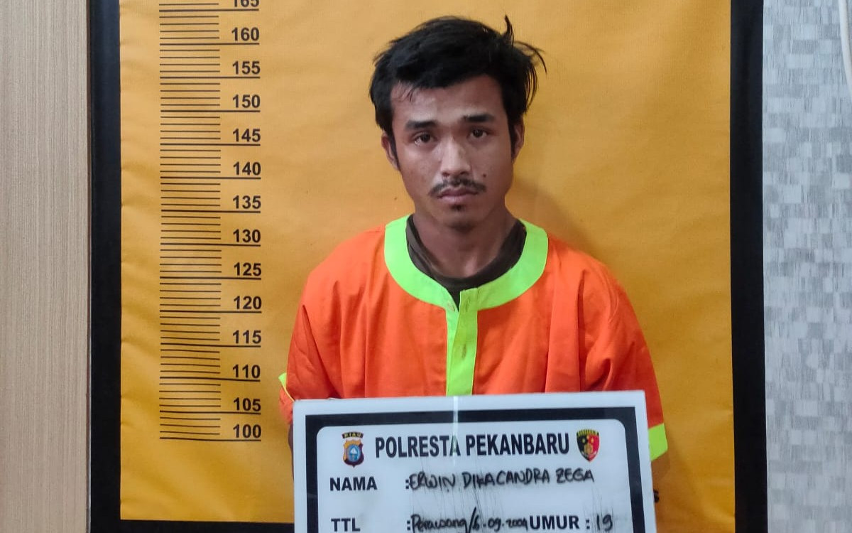 Pelaku pencurian berinisial ED yang ditahan Polresta Pekanbaru. Foto: Dok. Polresta Pekanbaru.