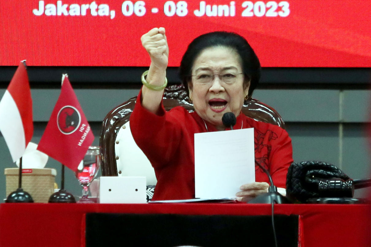 Ketua Umum PDI Perjuangan Megawati Soekarnoputri saat penutupan Rakernas III PDIP, Jakarta, Kamis (8/6). Foto: Ricardo