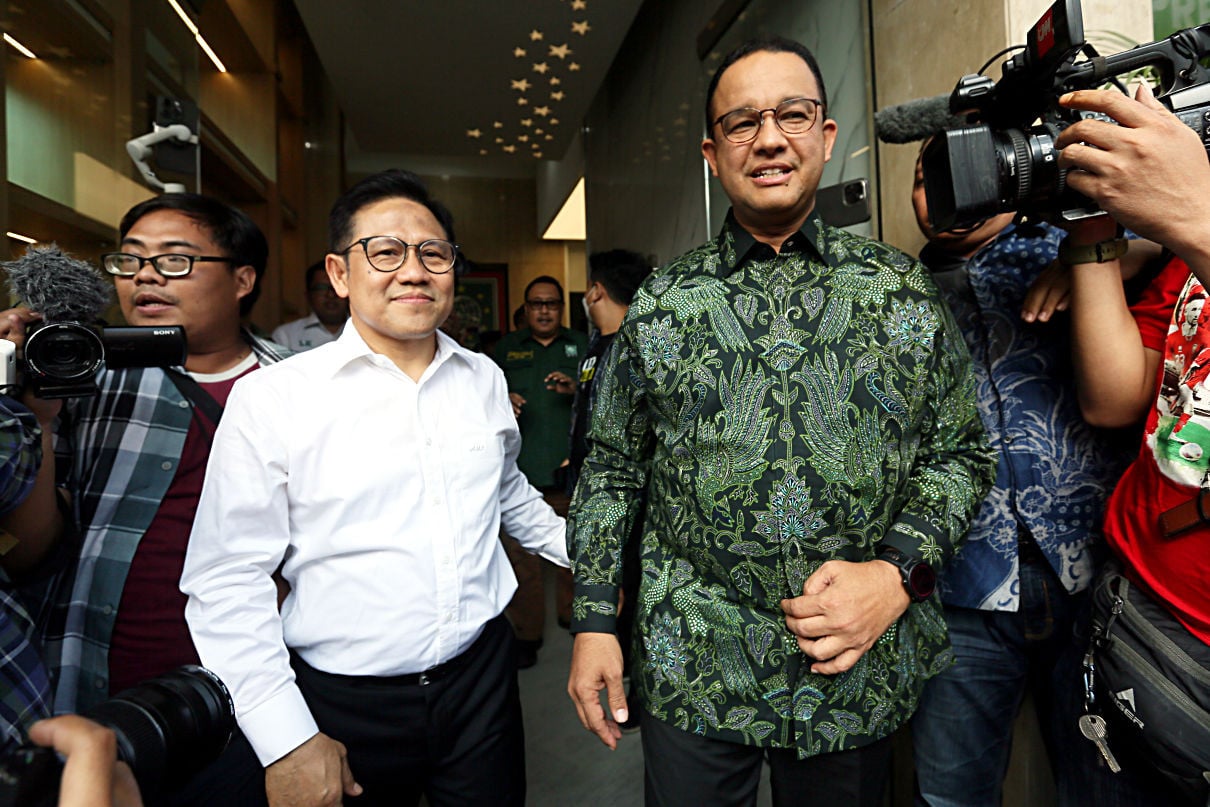 Bacapres Anis Baswedan saat disambut Ketum PKB Muhaimin Iskandar di Kantor DPP PKB, Jakarta, Senin (11/9). Pertemuan tersebut dalam rangka membahas agenda prioritas untuk pemenangan Pilpres 2024.