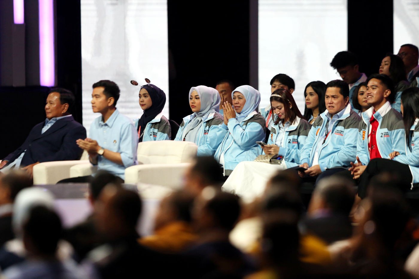 Erick Thohir, Kaesang Pangarep, Khofifah Indar Parawansa dan Aurel Hermansyah menghadiri Debat Keempat Cawapres Pemilu 2024 di Gedung JCC, Jakarta, Minggu (21/1).