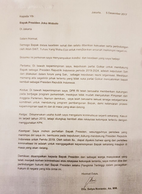 Beredar Surat Setya Novanto Minta Perlindungan Pak Jokowi