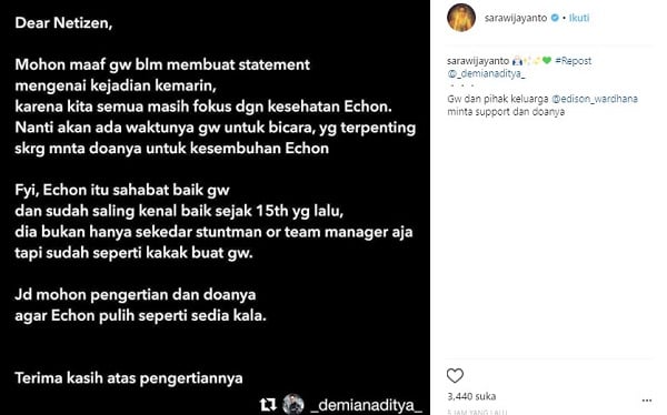 Sara Wijayanto Ikut Posting Permintaan Maaf Demian Aditya