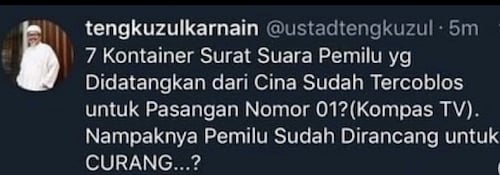 Dalih Ustaz Tengku Zulkarnain soal Kicauan Hoaks Surat Suara