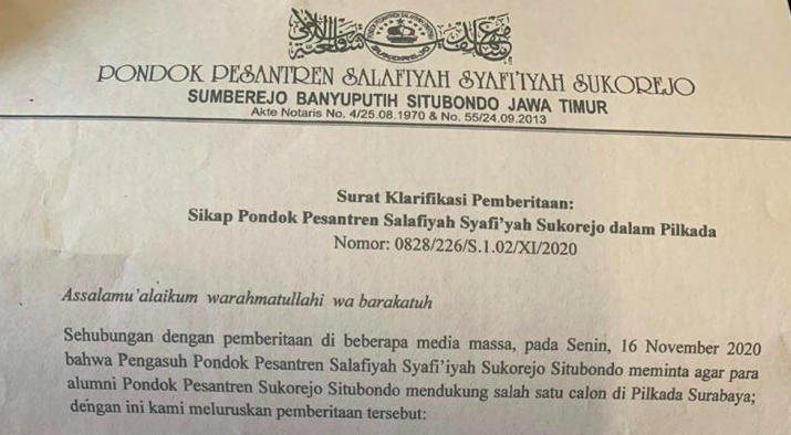 Ponpes Salafiah Syafi&#039;iah Sukorejo Tak Beri Dukungan untuk Paslon di Pilwakot Surabaya
