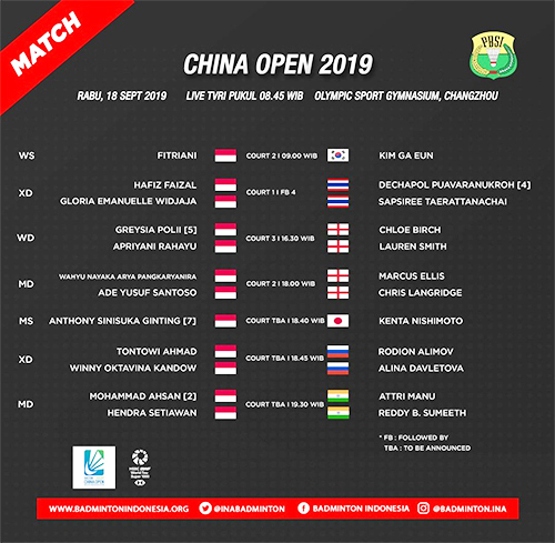 Jadwal 7 Wakil Indonesia di China Open 2019 Hari Ini