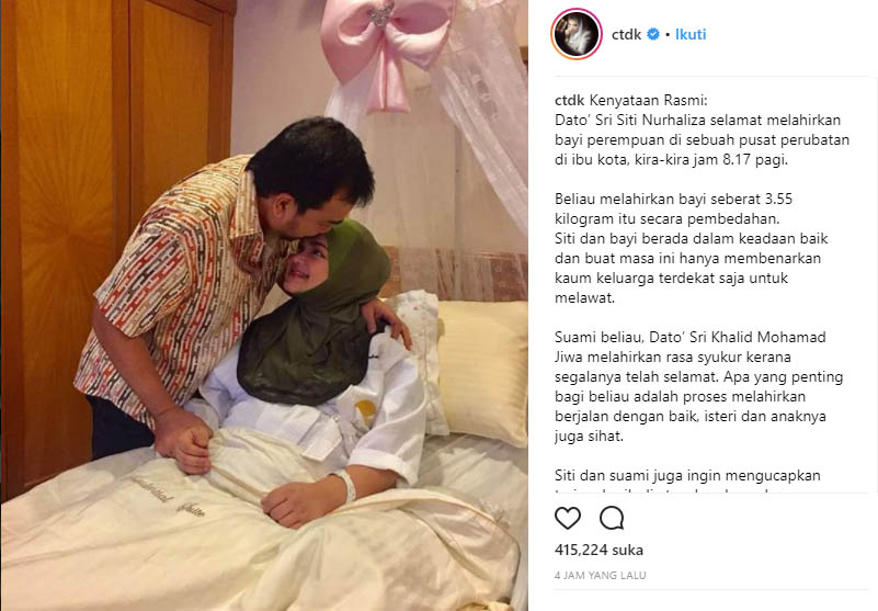 Selamat, Siti Nurhaliza Lahirkan Bayi Perempuan