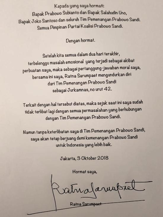Usai Tipu Prabowo, Ratna Sarumpaet Mundur dari Jurkam