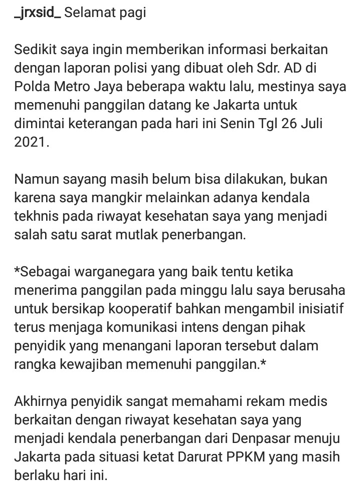 Ini Alasan Jerinx SID Tidak Muncul di Polda Metro Jaya