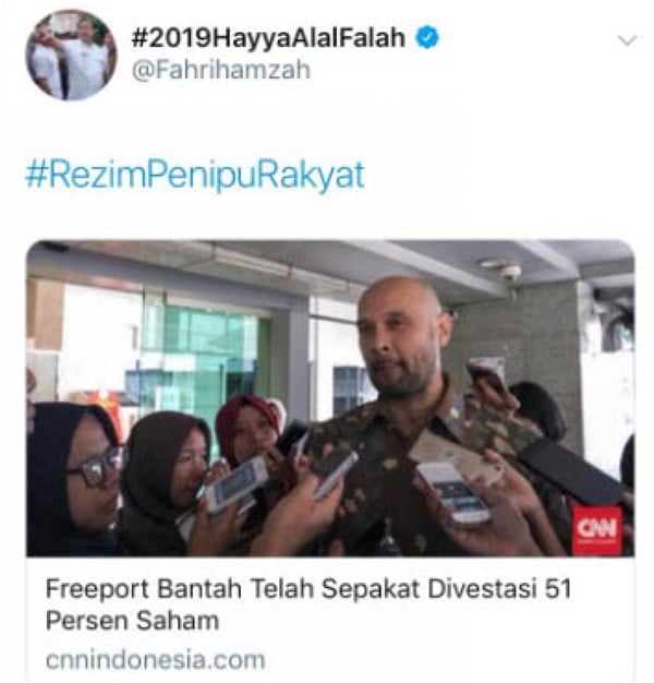 Fahri Hamzah Nyinyir soal Divestasi Saham Freeport, eh Salah