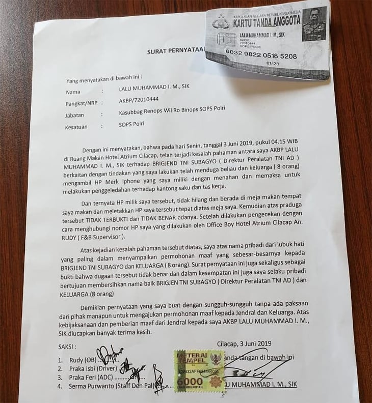 Begini Isi Surat Pernyataan Perwira Polisi yang Tuduh Jenderal TNI Curi HP