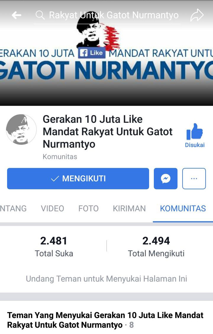 Muncul Gerakan 10 Juta Like untuk Gatot Nurmantyo di FB