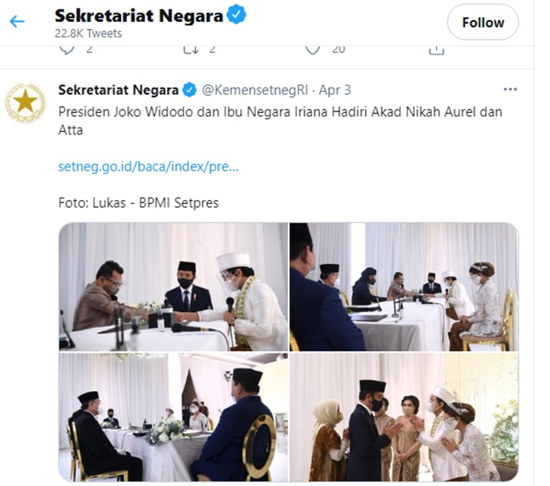 Twit Sekretariat Negara Tentang Akad Nikah Aurel dan Atta Bikin Heboh