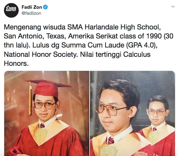 Lihat Nih, Fadli Zon Pamer Foto Saat jadi Lulusan Terbaik SMA di Amerika